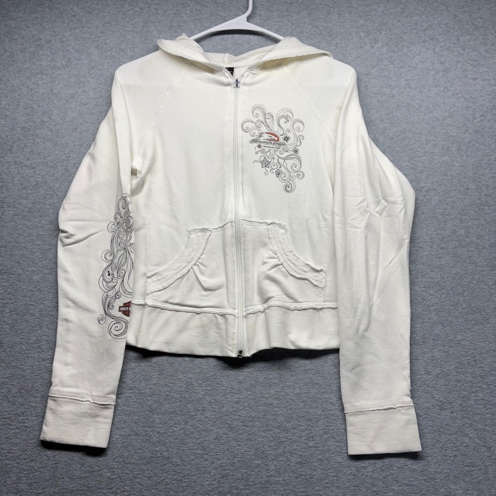Harley Davidson Screamin Eagle White Zip Up Hoodie Graphic Sweatshirt Womens M